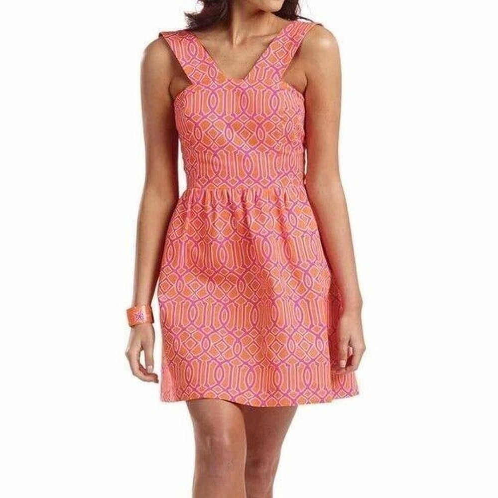 Mud Pie Dress Women Small Charlotte Dress Pink Orange White Geometric Back Tie